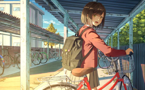 Anime girl in school uniform and short hair parking her bike in a sunlit school bike rack, suitable as an HD desktop wallpaper and background.