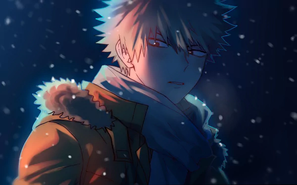 HD desktop wallpaper featuring Katsuki Bakugou from My Hero Academia, set against a dark, snowy background.