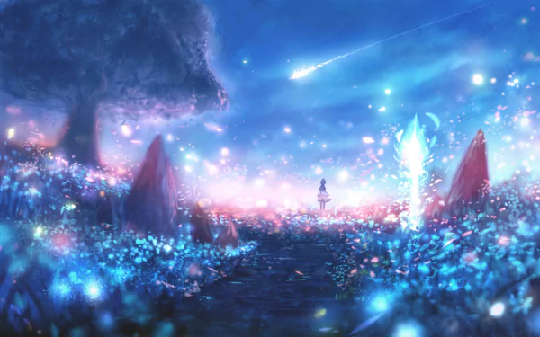 HD anime wallpaper featuring an enchanting landscape with glowing flora, a large tree, and a shooting star in a twilight sky, creating a captivating and serene background.