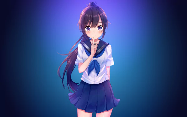 HD desktop wallpaper of an anime girl with purple eyes, brown long hair in a ponytail, school uniform, and a blush, standing against a gradient blue and purple background.