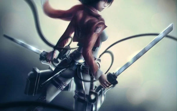 HD wallpaper of Mikasa Ackerman from Attack on Titan, donned in her uniform with a scarf, wielding swords, ready for battle.