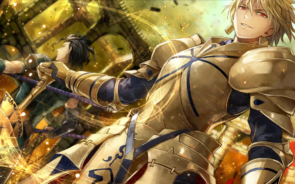 HD desktop wallpaper featuring Lancer and Archer from the anime Fate/Zero. The image showcases the characters in dynamic poses with detailed armor and vibrant backgrounds.
