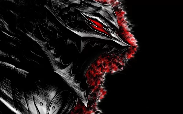 HD desktop wallpaper featuring a dark, intense image from the anime Berserk, showcasing a character with ominous red eyes and sharp, metallic features against a dark background with red accents.