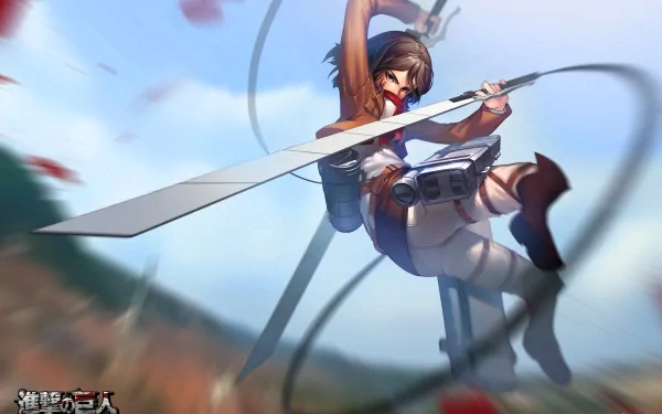 HD wallpaper featuring Mikasa Ackerman from Attack on Titan in an action pose with a sword, set against a dynamic background.