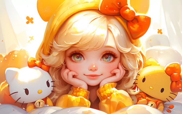 HD wallpaper of an anime girl with Hello Kitty-themed attire and accessories, surrounded by Hello Kitty figures, in a bright and vibrant setting.