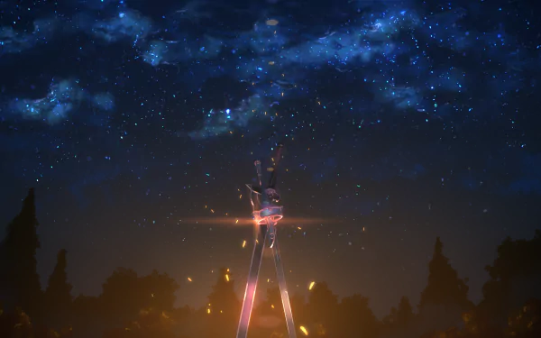 Anime-inspired HD desktop wallpaper featuring a majestic starry night sky along with two crossed swords from Sword Art Online, illuminating the scene with a celestial glow.