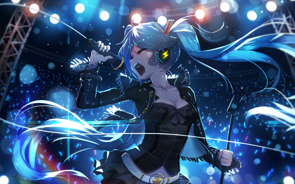 Anime-style HD desktop wallpaper featuring Hatsune Miku, a Vocaloid character, performing energetically on stage with vibrant blue lighting and background.