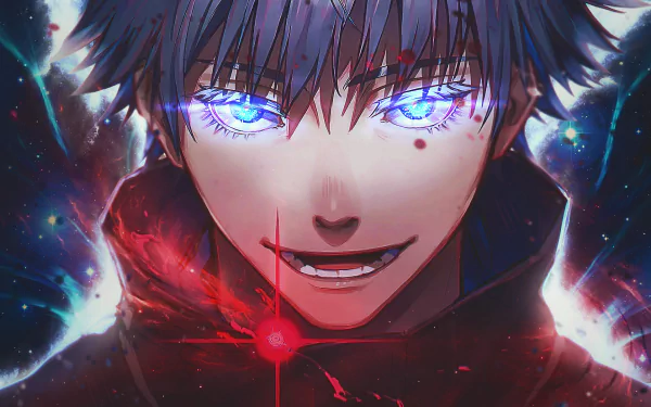 HD PC desktop wallpaper of Satoru Gojo from Jujutsu Kaisen, featuring his glowing blue eyes and intense expression in vibrant anime style.