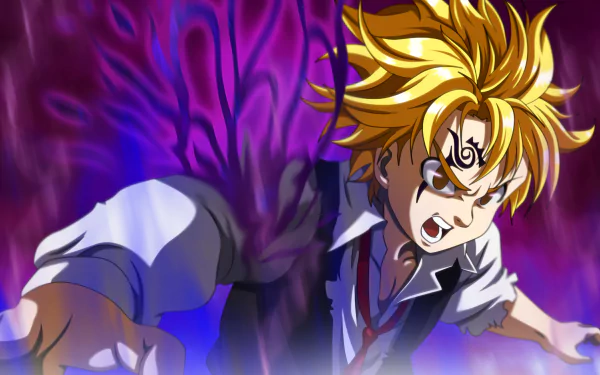 HD desktop wallpaper featuring Meliodas from The Seven Deadly Sins anime series, showcasing his blonde hair and intense expression against a dark, mystical background.