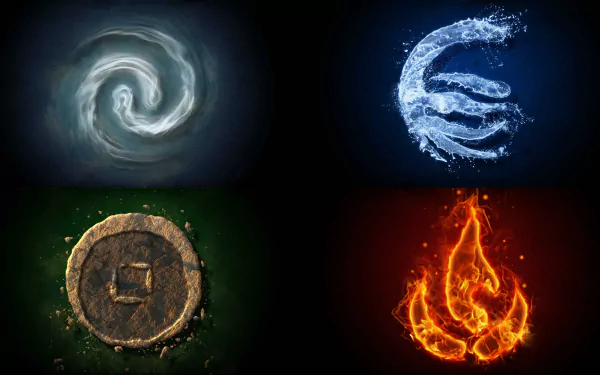 Four iconic elemental symbols from Avatar: The Last Airbender are featured in this vibrant 4K Ultra HD desktop wallpaper, showcasing water, earth, fire, and air elements.