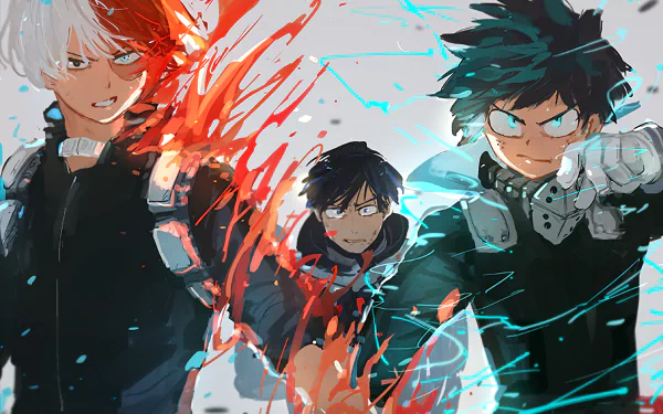 HD desktop wallpaper featuring Tenya Iida, Izuku Midoriya, and Shoto Todoroki from the anime My Hero Academia, in an intense action scene.