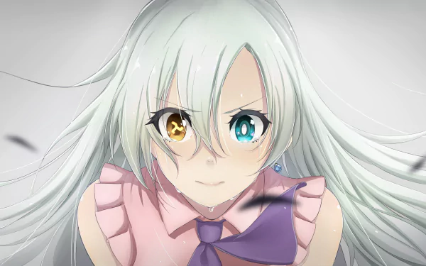 High-definition Anime wallpaper featuring Elizabeth Liones from The Seven Deadly Sins; she is crying, with tears in her heterochromatic eyes (one blue, one yellow), and flowing long white hair.