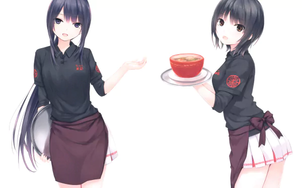 HD anime wallpaper featuring two original characters dressed in black shirts and maroon skirts, one holding a tray and the other presenting a bowl of food.