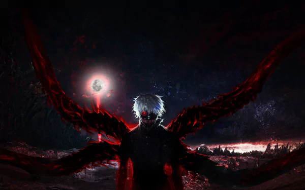 Ken Kaneki from Tokyo Ghoul stands menacingly with glowing eyes and red kagune wings spread wide in this dark, detailed 4K Ultra HD anime desktop wallpaper.