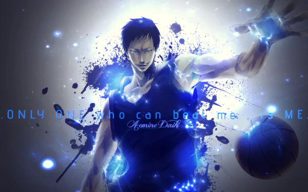 HD desktop wallpaper featuring Daiki Aomine from the anime Kuroko's Basketball, with blue glowing effects and a quote: The only one who can beat me is me.