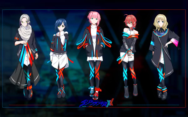 HD desktop wallpaper featuring anime characters Miku, Kokoro, Ichigo, Ikuno, and Zero Two from Darling in the FranXX, posed against a dark, stylized background.