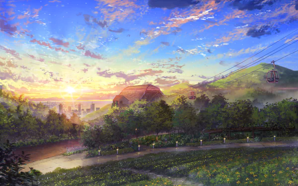 A vibrant anime landscape HD desktop wallpaper featuring a house at sunset, with lush greenery, a clear sky with clouds, and a cable car ascending a hill in the background.