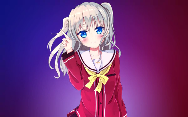 HD wallpaper featuring Nao Tomori, an anime character from Charlotte. She has white hair, blue eyes, and a blush, wearing a red outfit with a yellow bow, standing against a gradient background.