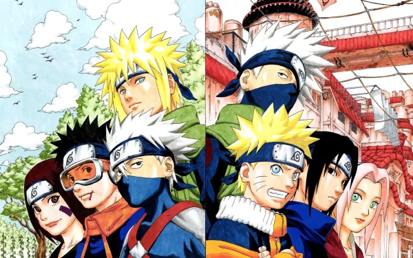 HD desktop wallpaper featuring anime characters Minato Namikaze, Rin Nohara, Obito Uchiha, Kakashi Hatake, Naruto Uzumaki, Sasuke Uchiha, and Sakura Haruno from Naruto.
