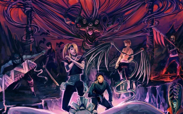 HD desktop wallpaper featuring Obito Uchiha, Kakuzu, Kisame Hoshigaki, Hidan, Sasori, Zetsu, Itachi Uchiha, Pain, and Deidara from Naruto, set in a dynamic, vibrant, and action-filled scene.
