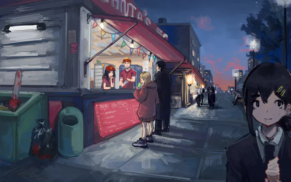 HD PC desktop wallpaper featuring an anime-style night scene from Chainsaw Man with characters near a food stand under a starry sky.