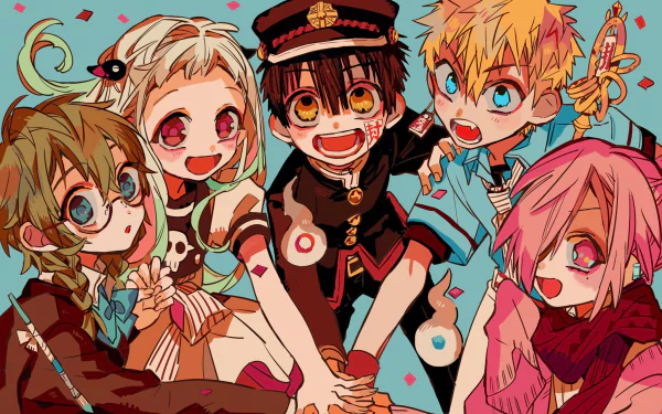 HD desktop wallpaper featuring characters Yashiro Nene, Mei Shijima, Sousuke Mitsuba, Kou Minamoto, and Hanako-kun from the anime Jibaku Shounen Hanako-kun, all smiling in a colorful, animated style.