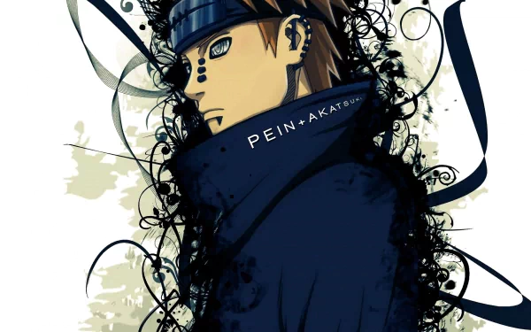 HD image of Pain from Naruto, featuring his Rinnegan eyes and Akatsuki attire, designed as a desktop wallpaper with artistic elements and abstract graphics.