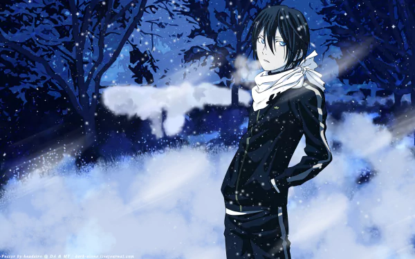 HD desktop wallpaper featuring Yato from the anime Noragami, standing in a snowy forest at night.