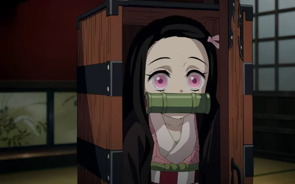 HD anime desktop wallpaper from Demon Slayer: Kimetsu no Yaiba featuring Nezuko Kamado inside a wooden box with her signature bamboo muzzle.