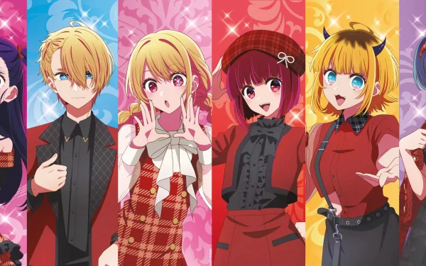 HD PC desktop wallpaper featuring vibrant, colorful anime characters from Oshi no Ko against patterned backgrounds in blue, pink, red, and yellow panels.