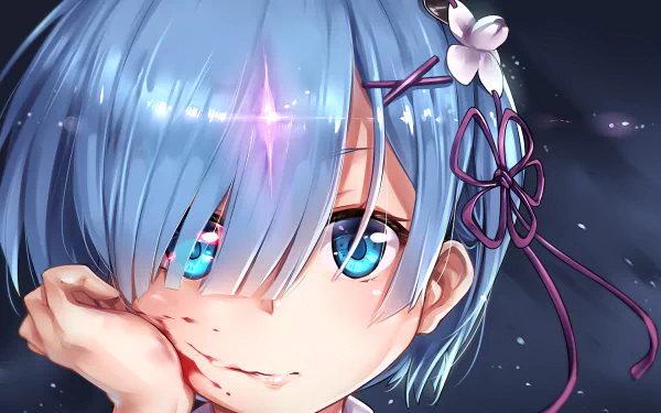 Anime character Rem from Re:Zero - Starting Life in Another World with blue hair and blue eyes, resting her head on her hand. This HD desktop wallpaper showcases her in a serene, thoughtful moment.