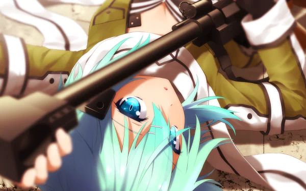 HD desktop wallpaper featuring Sinon from Sword Art Online II, lying down with a rifle, her turquoise hair and sharp blue eyes vividly highlighted. Anime-themed background.