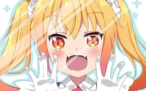 HD desktop wallpaper featuring Tohru from the anime Miss Kobayashi's Dragon Maid, showing her cheerful expression with hands pressed on a glass surface. Bright and vivid anime artwork.