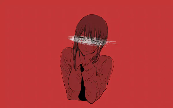 HD desktop wallpaper of Makima from Chainsaw Man anime, featuring a minimalist design with Makima against a solid red background, her eyes obscured by a white, cloudy streak.