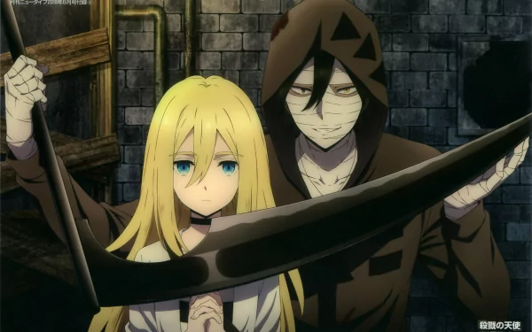 HD desktop wallpaper featuring Rachel Gardner and Zack from the anime Satsuriku no Tenshi (Angels of Death), standing together in a dark setting with a large scythe.