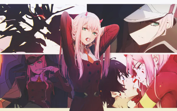 HD desktop wallpaper featuring Zero Two from Darling in the FranXX, showcasing multiple scenes including her battle and emotional moments.