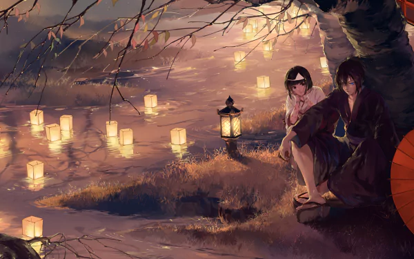 HD desktop wallpaper featuring Nora and Yato from the anime Noragami, sitting by a serene river under a tree adorned with lanterns.