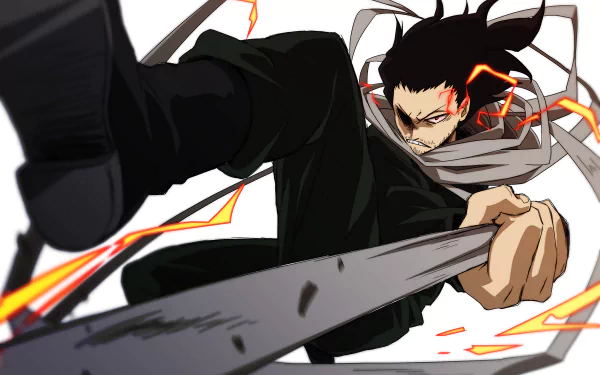 HD desktop wallpaper featuring Shouta Aizawa from the anime My Hero Academia, depicted in an intense action pose with dynamic lighting and sharp colors.