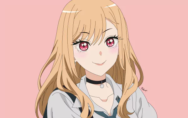 Marin Kitagawa from My Dress-Up Darling in a detailed 4K Ultra HD anime-style portrait with pink background, designed as a PC desktop wallpaper.