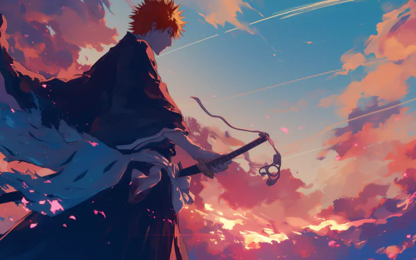 HD wallpaper of the anime character Ichigo Kurosaki from Bleach, depicted in a dynamic pose with his sword against a vibrant sunset sky.