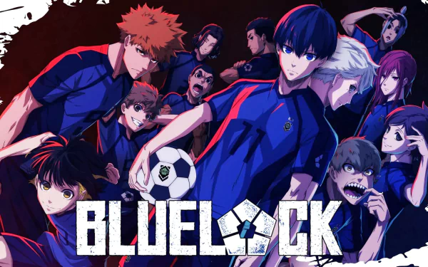 HD PC desktop wallpaper featuring characters from the anime Blue Lock in dynamic poses with a soccer theme and bold logo at the bottom.