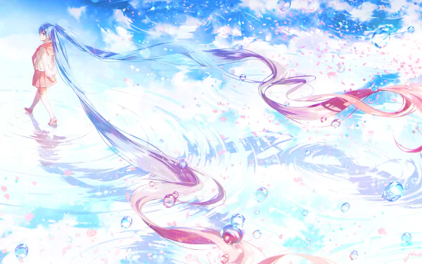 Anime HD wallpaper featuring Hatsune Miku in a school uniform with twintails. She stands on water with long hair trailing, surrounded by petals and bubbles reflecting a bright sky.