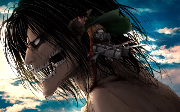 HD desktop wallpaper of Attack on Titan featuring Eren Yeager in his Titan form with Levi Ackerman standing on his shoulder against a dramatic sky background.