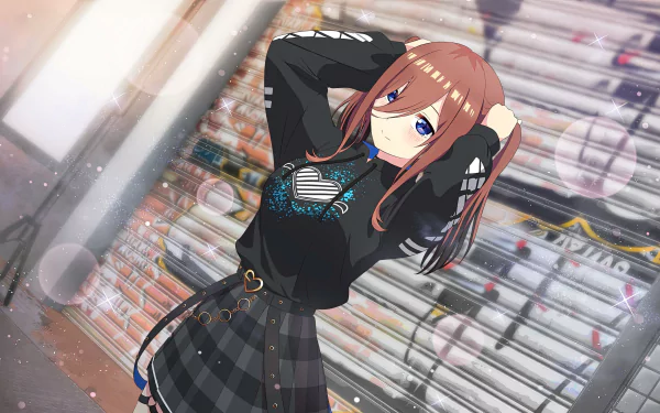 4K Ultra HD desktop wallpaper featuring Miku Nakano from the anime The Quintessential Quintuplets, posing confidently with a stylish urban background.