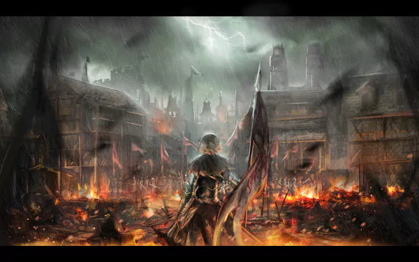 HD desktop wallpaper featuring an intense battle scene with characters from Fate/Grand Order, including Avenger Jeanne d'Arc Alter and Ruler Jeanne d'Arc, amidst a burning city under a stormy sky.