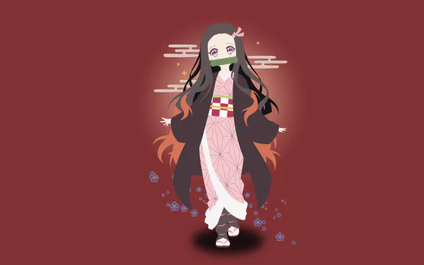 4K Ultra HD anime wallpaper featuring Nezuko Kamado from Demon Slayer: Kimetsu no Yaiba with a red background and floral accents.