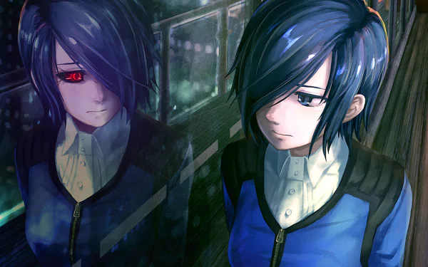 HD wallpaper of Touka Kirishima from Tokyo Ghoul, featuring her reflection in a window, with striking blue hair and one red eye.