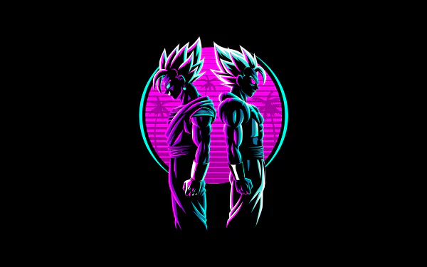 HD desktop wallpaper featuring Vegito from Dragon Ball Z, depicted in a dark anime style with vibrant neon colors against a black background.