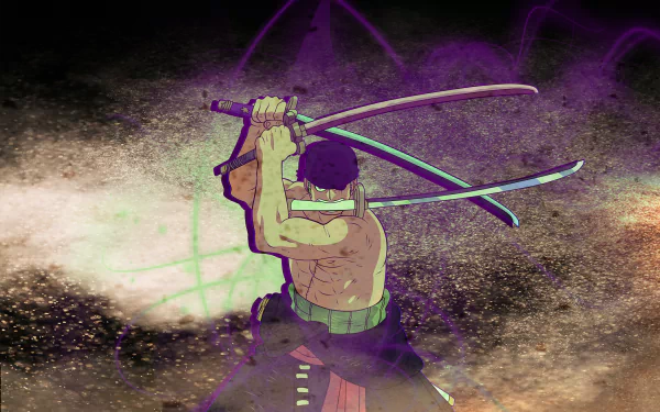 Roronoa Zoro from One Piece wields three swords amid swirling purple and green energy in this dynamic 4K Ultra HD anime desktop wallpaper.