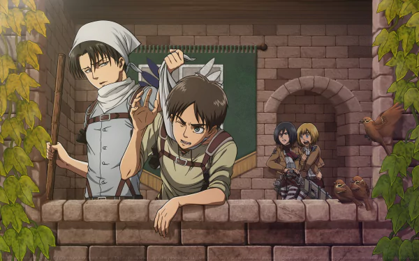 HD desktop wallpaper from the anime Attack on Titan, depicting characters on a stone balcony with leafy vines and medieval architecture.